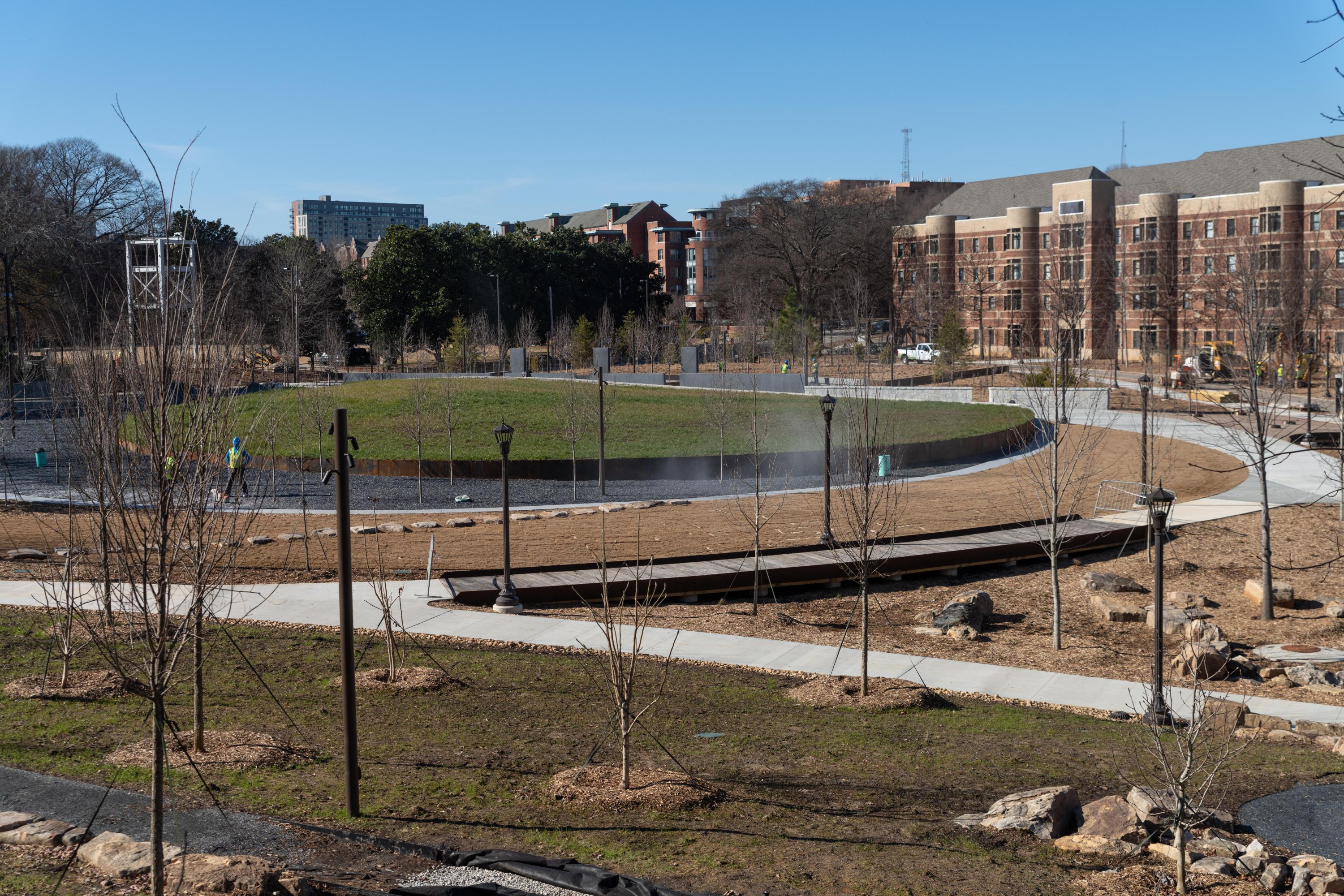 A view from the granite outcropping toward the meadow and contemplative grove.