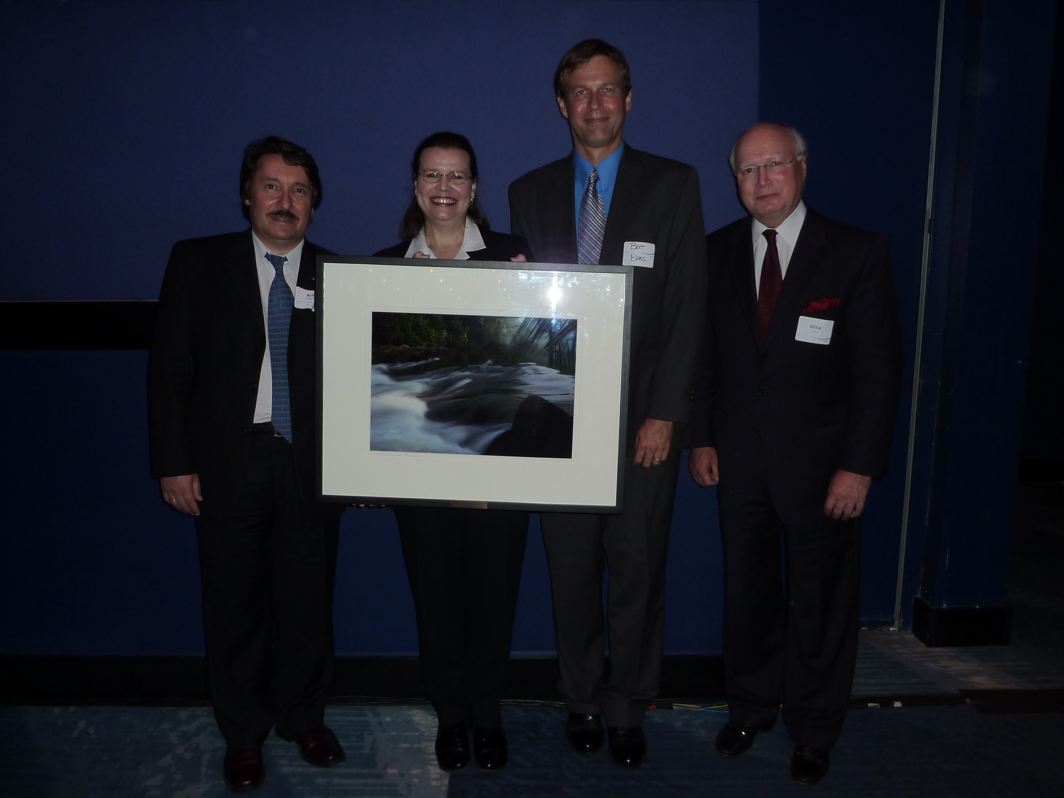 Georgia Tech received Upper Chattahoochee Riverkeeper’s first River
Sustainability Award for the university’s significant investment in and
leadership on behalf of water and energy efficiency as exemplified by campus
sustainability programs. Shown (left to right)  Aris Georgakakos, Director, Georgia Water Resources Institute; Marcia Kinstler, Georgia Tech sustainability director; Bert Bras, director, Sustainable Design and Manufacturing Center and Mike Eckert, venture fellow with Georgia Tech’s Ventu
