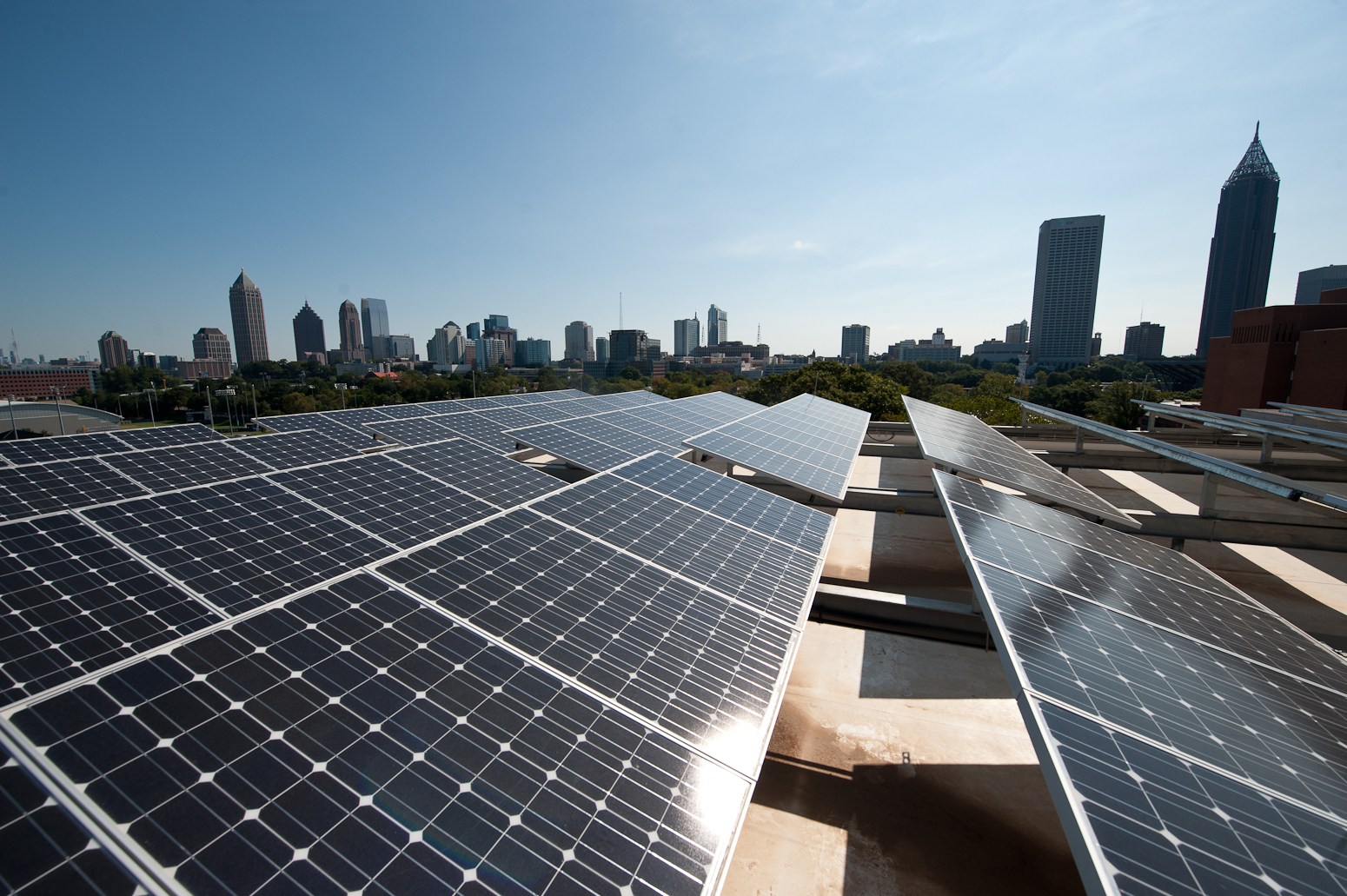 An array of 347 solar panels sits atop the Clough Undergraduate Learning Commons. An array of 347 solar panels sits atop the Clough Undergraduate Learning Commons.